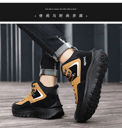 Black and Tan Mid-Top Hiking Boots Suede and Leather Platform Sneakers Non-Slip Outdoor Casual Shoes with Rugged Sole for All