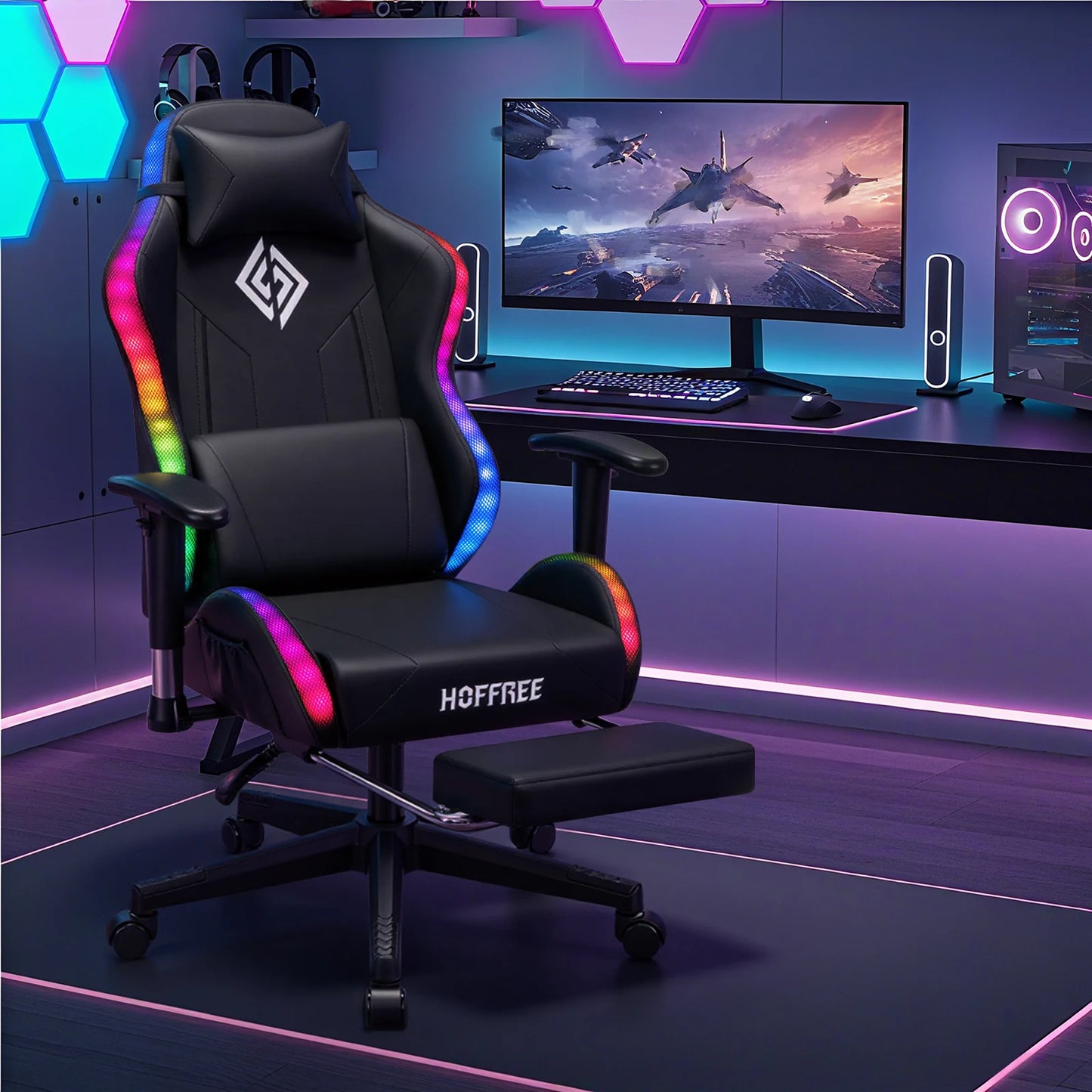 250Lbs LED Gaming Chair for Kids 8-15 Years, Adjustable Ergonomic Gamer Chair with RGB Lighting, Footrest & Lumbar Support