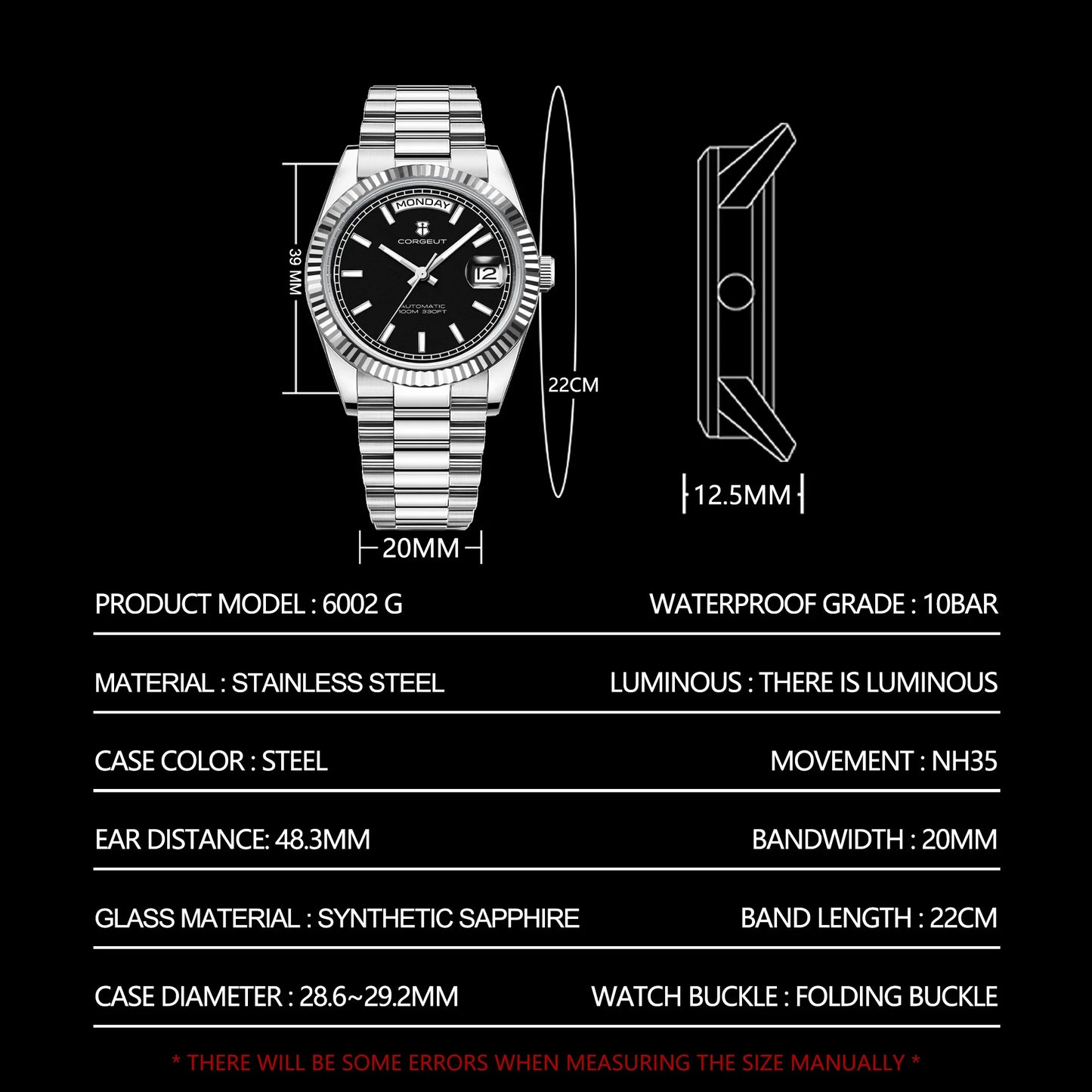 CORGEUT NH36 mechanische Herrenuhr mit Wochentags- und Datumsanzeige, President-Gliederarmband, Stahlgehäuse, geriffelter Arc-Lünette, wasserdicht