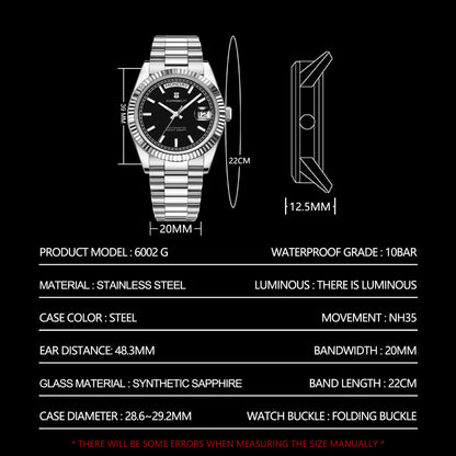 CORGEUT NH36 mechanische Herrenuhr mit Wochentags- und Datumsanzeige, President-Gliederarmband, Stahlgehäuse, geriffelter Arc-Lünette, wasserdicht