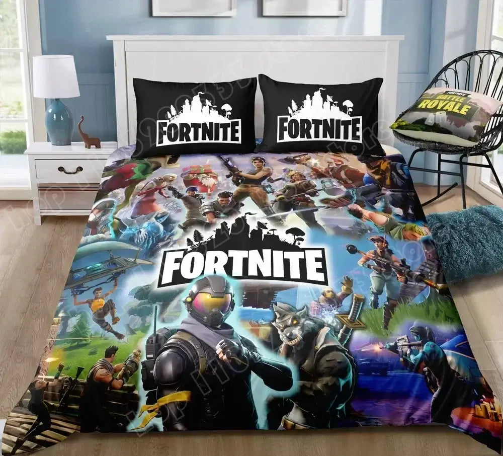 Juego de cama Fortnite con funda nórdica de 3 piezas, diseño 3D, ropa de cama para dormitorio, gaming, anime y dibujos animados, funda de almohada, decoración de habitación, regalo