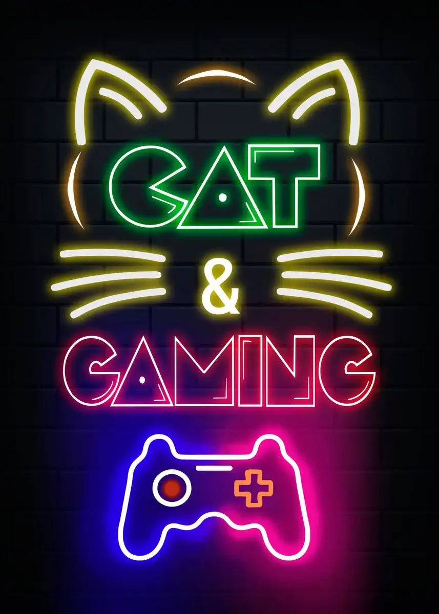 Nordic Cat and Gaming Controller Quotes Poster Modern Canvas Painting for Wall Art Mural Gamer Boys Girls Room Decor (not Neon)