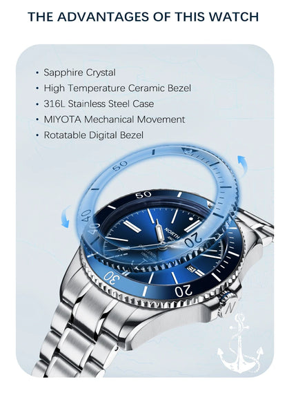NORTH EDGE 42mm Men Mechanical Wristwatch Luxury Sapphire Glass MIYOTA 8215 Automatic Watches 10bar Waterproof Watch Men ANCHOR