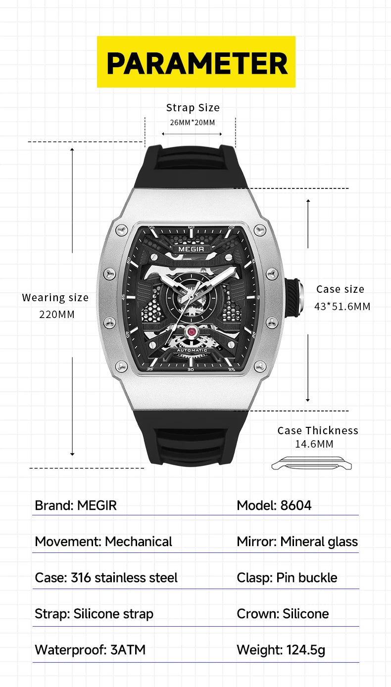 MEGIR Men's Automatic Mechanical Watch with Stainless Steel Case Silicone Strap Fashion Waterproof Luminous Wristwatch 8604