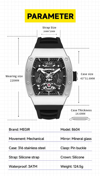 MEGIR Men's Automatic Mechanical Watch with Stainless Steel Case Silicone Strap Fashion Waterproof Luminous Wristwatch 8604