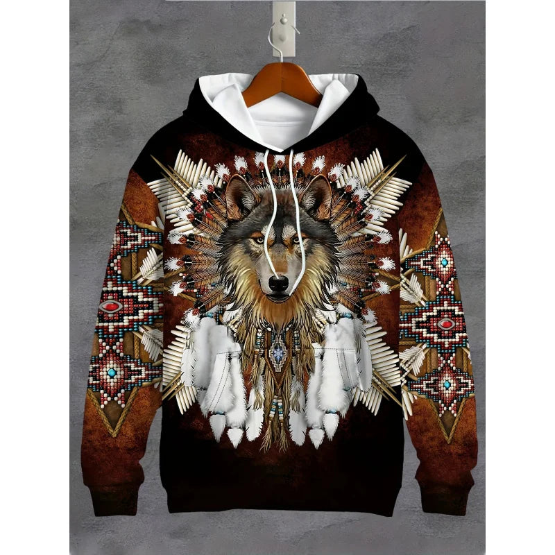 Men's 3D White Wolf Print Hoodie, Casual Long Sleeve Pullover with Drawstring Pocket, 100% Polyester Slight Stretch Men's Clothing