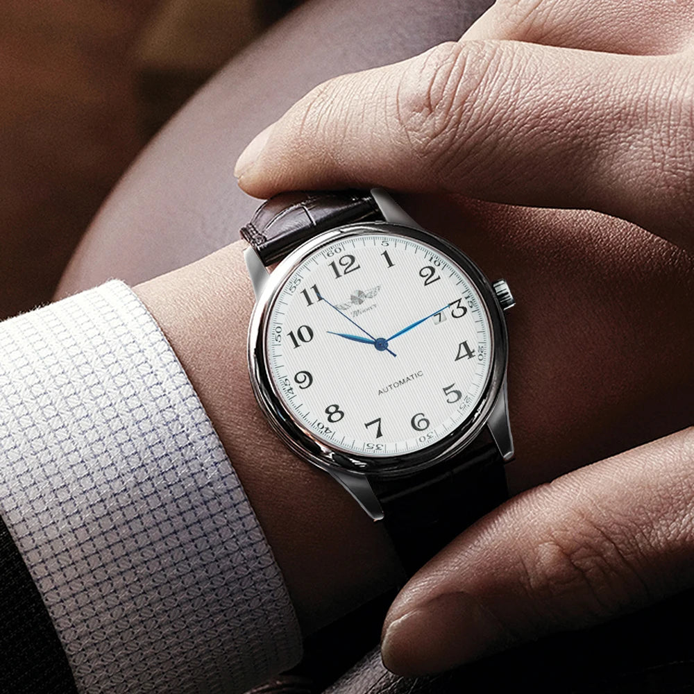 Reloj para hombre WINNER – Estilo clásico, retro y elegante – Reloj mecánico automático con calendario – Marca de lujo, caja de acero y correa de piel