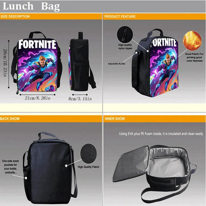 Fortnite Cartoon Lunch Bag for Boys Girls Unisex Reusable Insulated Lunch Box Portable Handbag Large Capacity for School Picnic