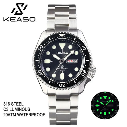 KEASO Top Men Dive Watch C3 Super Luminous 316L Solid Steel 20Bar Waterproof Sapphire Mirror MIYOTA 2035 Quartz Movement Watch