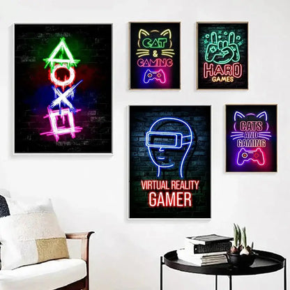 Nordic Cat and Gaming Controller Quotes Poster Modern Canvas Painting for Wall Art Mural Gamer Boys Girls Room Decor (not Neon)