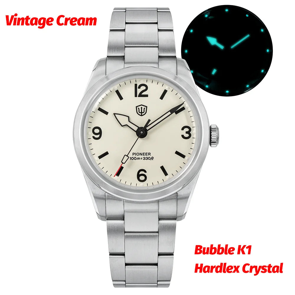 Watchdives WD1960S V2 36Mm Vintage Cream Man Watches VH31 Sweep Seconds Quartz Watch Bubble K1 Sapphire Luminous Stainless Steel