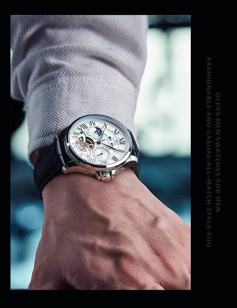 OLEVS 7013 Men's Watch Fashion Moon Phase Mechanical Watch For Men Waterproof Roman Scale Hollow Flywheel Automatic Hand Clock
