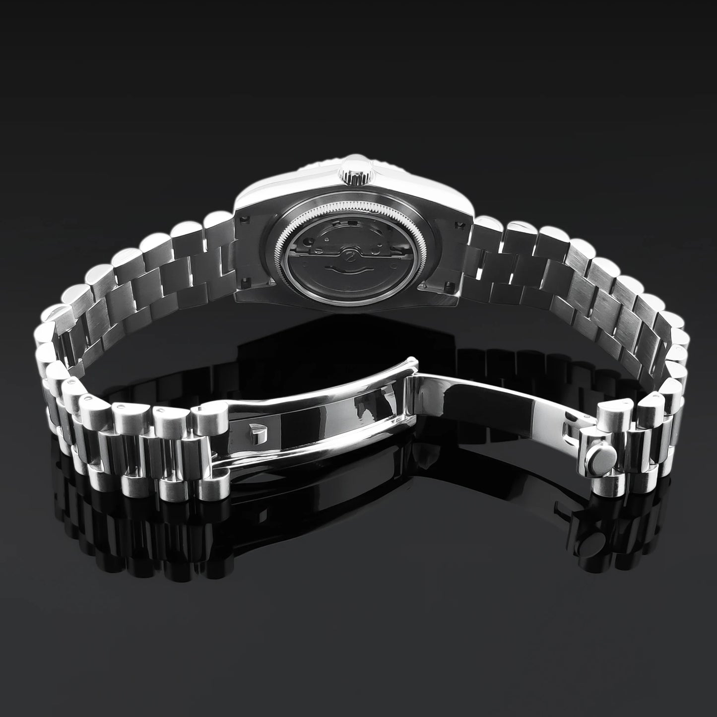 CORGEUT NH36 mechanische Herrenuhr mit Wochentags- und Datumsanzeige, President-Gliederarmband, Stahlgehäuse, geriffelter Arc-Lünette, wasserdicht