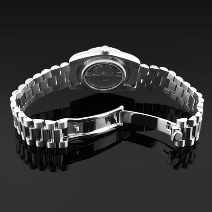 CORGEUT NH36 mechanische Herrenuhr mit Wochentags- und Datumsanzeige, President-Gliederarmband, Stahlgehäuse, geriffelter Arc-Lünette, wasserdicht