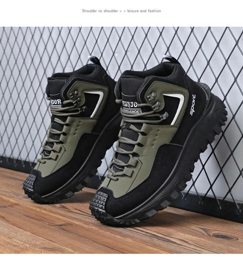 Black and Tan Mid-Top Hiking Boots Suede and Leather Platform Sneakers Non-Slip Outdoor Casual Shoes with Rugged Sole for All