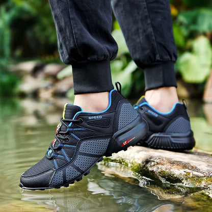 Męskie buty turystyczne – buty sportowe do terenów o zróżnicowanym ukształtowaniu terenu, z oddychającą siateczką, antypoślizgowe, odporne na zużycie – buty turystyczne i rowerowe