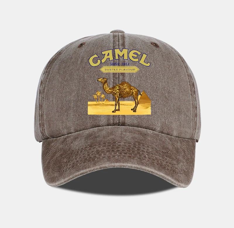 Vintage “Camel” Desert Scene Print Washed Baseball Cap - Adjustable Unisex Vintage Cap for Outdoor Hiking and Mountaineering