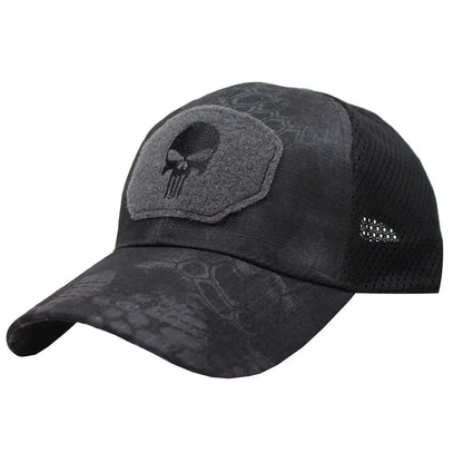 Baseballkappe im Camouflage-Look, aus atmungsaktivem Netzgewebe, taktische Camo-Kappe der Special Forces, mit Totenkopf- und Enten-Schirm