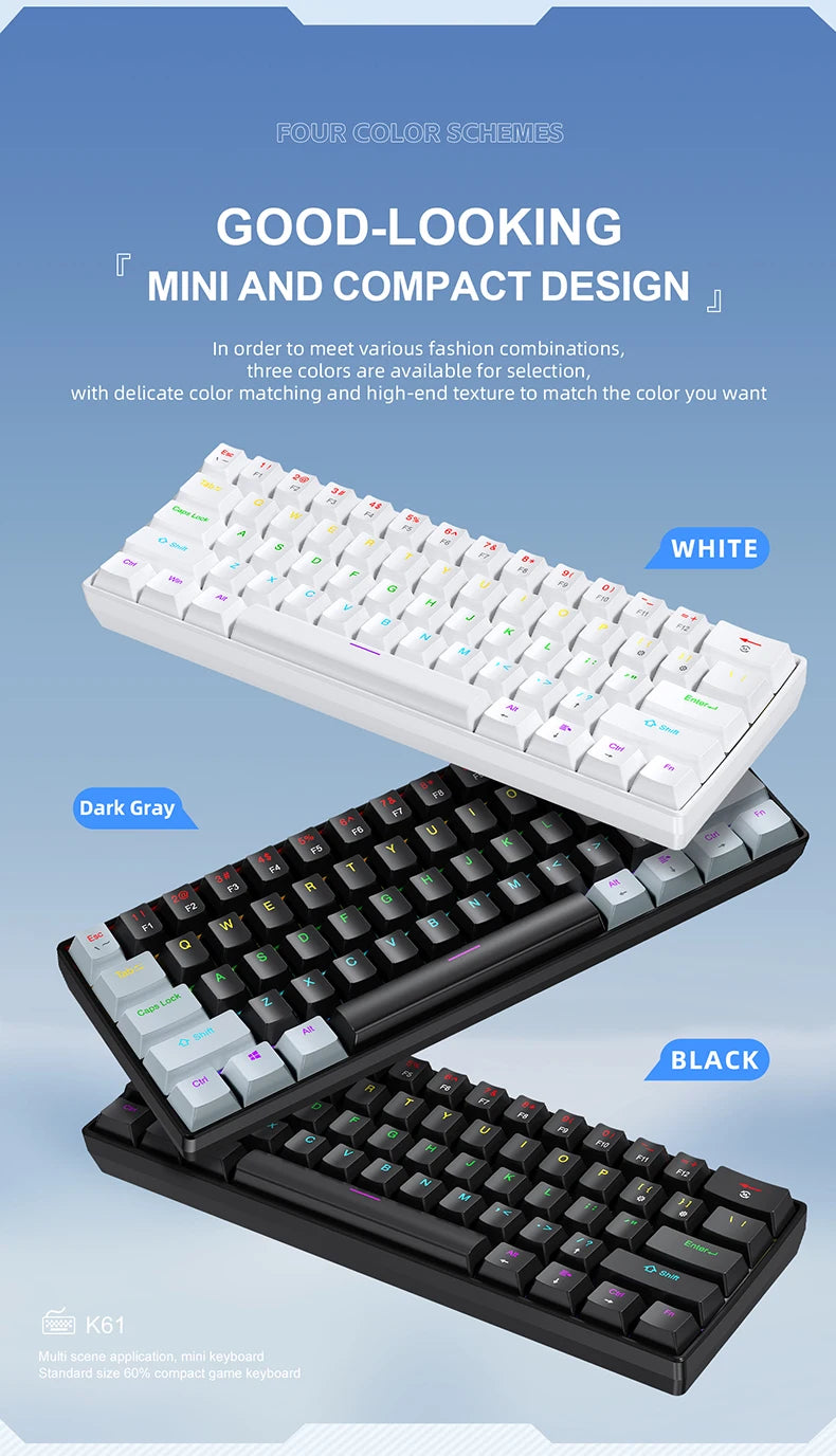 APAYADO K61 Mini 60% Gaming Keyboard 61-Key, Wired, Portable, RGB Lighting, Red/Blue Switch, Black/White/Red Colors