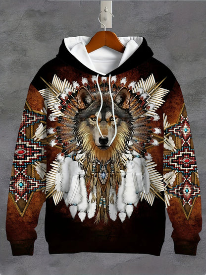 Men's 3D White Wolf Print Hoodie, Casual Long Sleeve Pullover with Drawstring Pocket, 100% Polyester Slight Stretch Men's Clothing