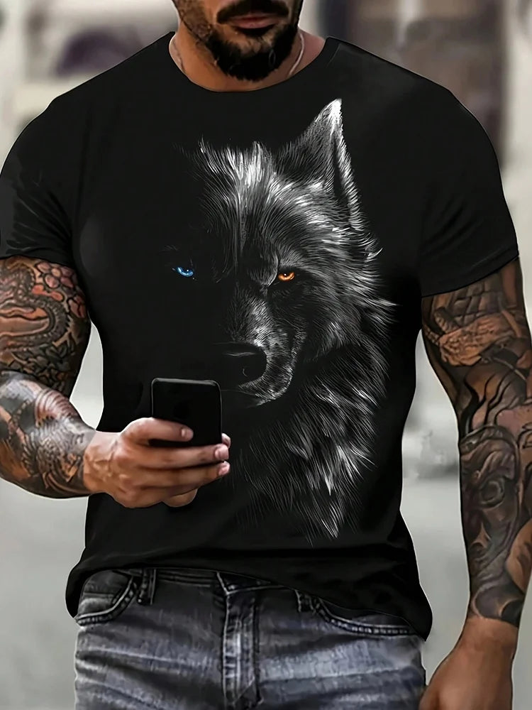 Men's 3D Wolf Print T-Shirt Casual Round Neck Short Sleeve Shirt Breathable and Comfortable Fabric Men's Street Outdoor Clothing