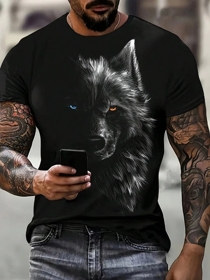 Men's 3D Wolf Print T-Shirt Casual Round Neck Short Sleeve Shirt Breathable and Comfortable Fabric Men's Street Outdoor Clothing