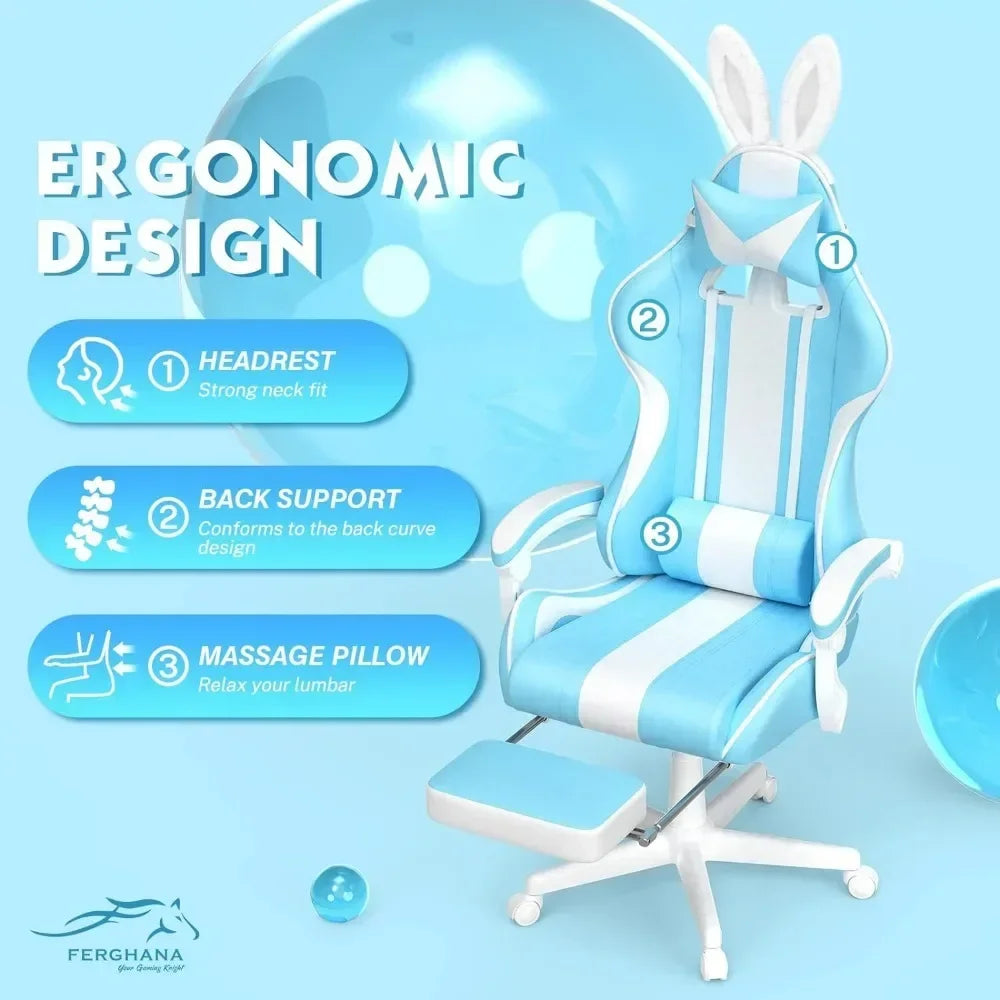 #For Kawaii Light Blue Gaming Chair with Bunny Ears, Ergonomic Cute Gamer Chair with Footrest and Massage, Racing Reclining&
