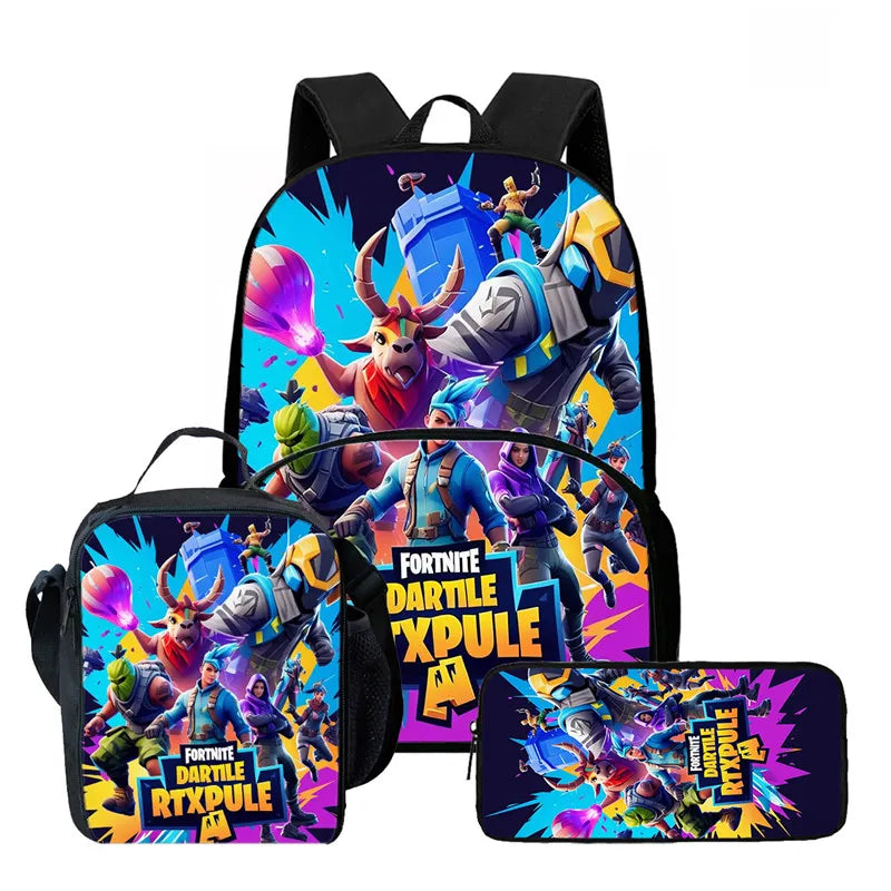 Fortnite Cartoon 3Pcs School Bag Set Unisex for Boys Girls, Backpack with Front Pocket, Lunch Bag and Pencil Case Best Gift