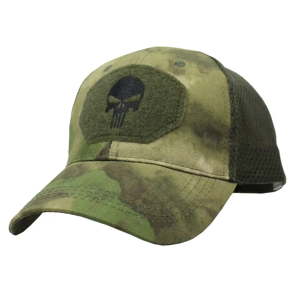 Baseballkappe im Camouflage-Look, aus atmungsaktivem Netzgewebe, taktische Camo-Kappe der Special Forces, mit Totenkopf- und Enten-Schirm
