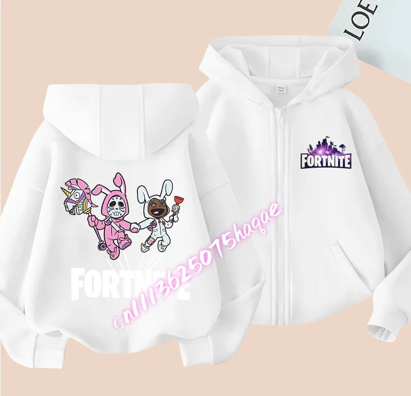 Nieuw Fortnite-kinderhoodiejack met cartoon-gamepersonageprint en rits, herfst- en winterjas voor kinderen, jongenskleding