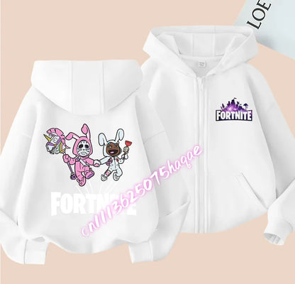 Nieuw Fortnite-kinderhoodiejack met cartoon-gamepersonageprint en rits, herfst- en winterjas voor kinderen, jongenskleding