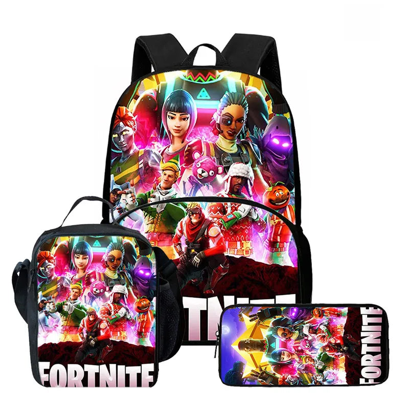 Fortnite Cartoon 3Pcs School Bag Set Unisex for Boys Girls, Backpack with Front Pocket, Lunch Bag and Pencil Case Best Gift