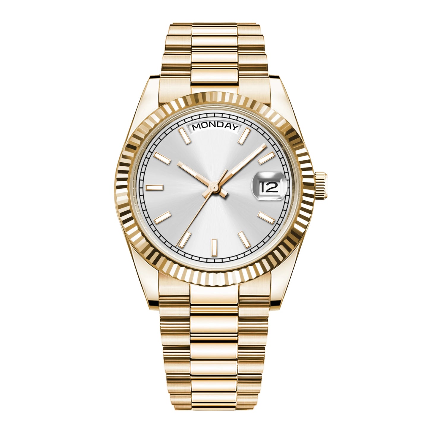 CORGEUT NH36 mechanische Herrenuhr mit Wochentags- und Datumsanzeige, President-Gliederarmband, Stahlgehäuse, geriffelter Arc-Lünette, wasserdicht