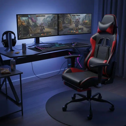 Massage Gaming Chair with Footrest, Reclining Ergonomic Gaming Chair, 360° Swivel Adjustable Height Gaming Chair in Black & Red Leather