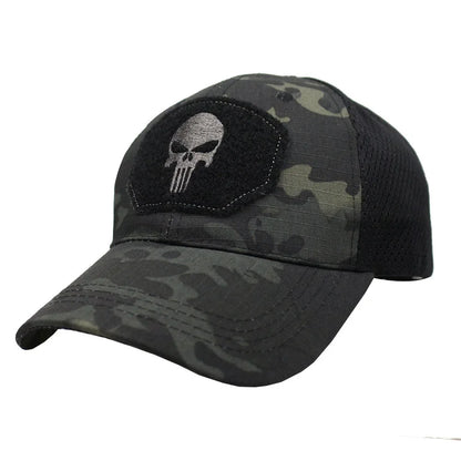 Baseballkappe im Camouflage-Look, aus atmungsaktivem Netzgewebe, taktische Camo-Kappe der Special Forces, mit Totenkopf- und Enten-Schirm