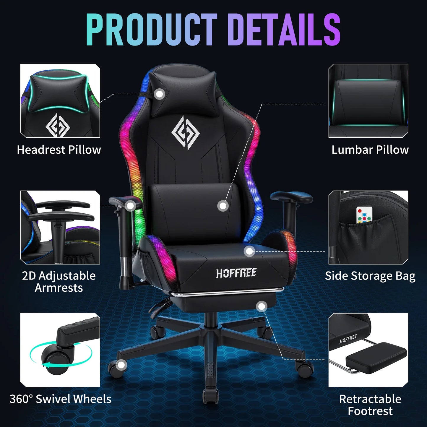 250Lbs LED Gaming Chair for Kids 8-15 Years, Adjustable Ergonomic Gamer Chair with RGB Lighting, Footrest & Lumbar Support