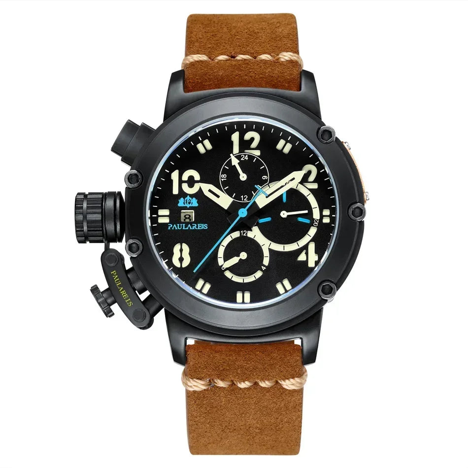 Automatic Watches for Men Mechanical Self Wind Genuine Leather Multifunction Date Boat Month Gold Bronze U Reloj Hombre Baratos