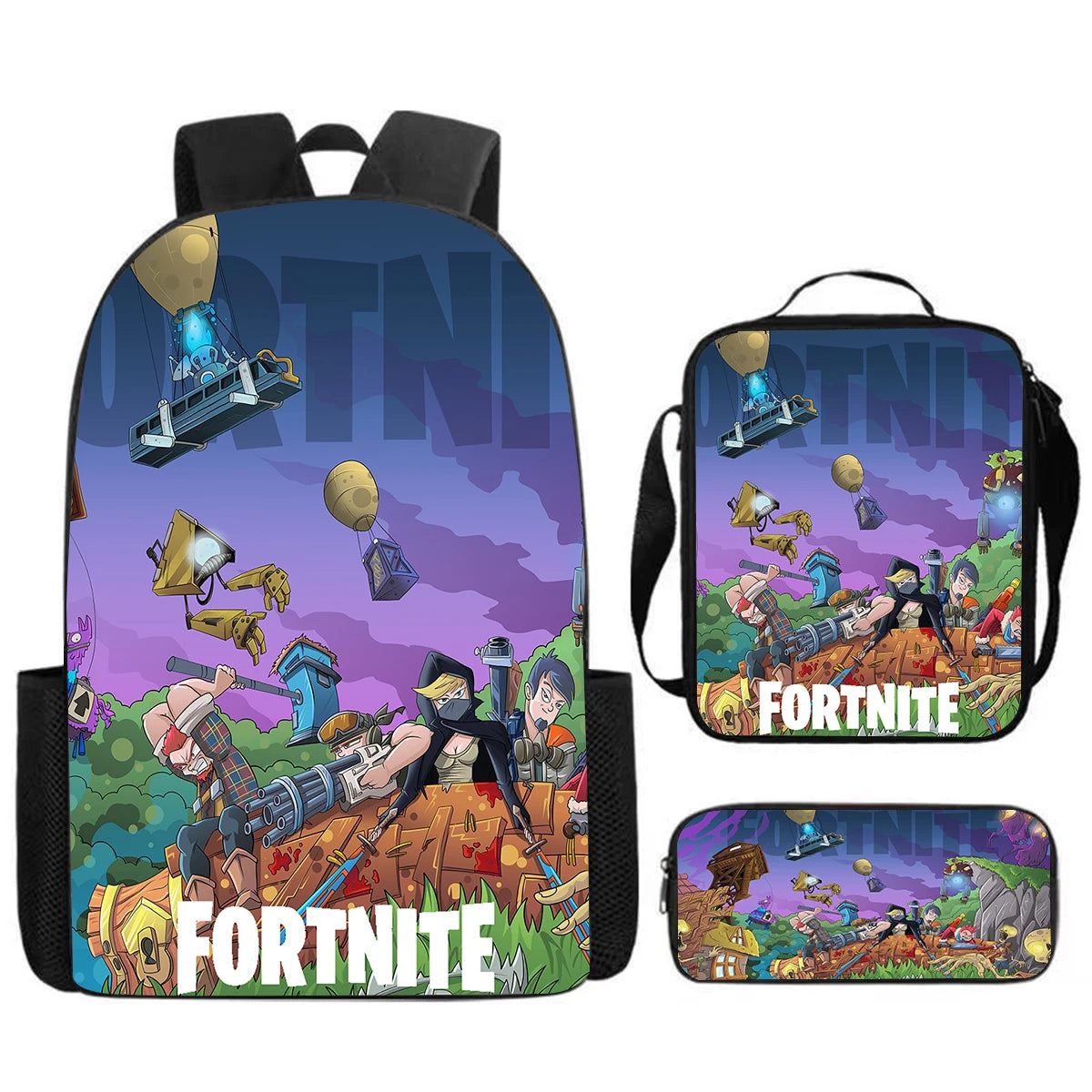 Fortnite Cartoon 3pcs Set, Large Capacity Suitable for Boys and Girls Aged 5-8, Includes Backpack, Dinner Bag, and Pencil Case