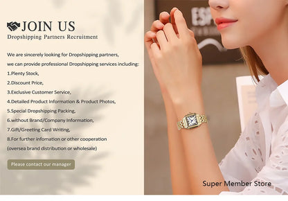 Luxury Women's Watch 2023 New Simple Square Full Diamond Digital Quartz Watch Gold Stainless Steel Bracelet Women's Dress Clock