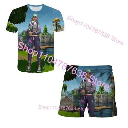 2PCS Suits F-Fortnite Victory 3D T-shirt Shorts Kids Tops Girls Boys Battle Royale Clothes Harajuku Tees Hero Children T-Shirt