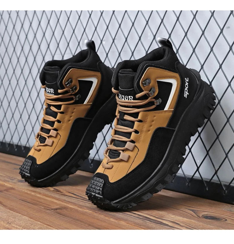Black and Tan Mid-Top Hiking Boots Suede and Leather Platform Sneakers Non-Slip Outdoor Casual Shoes with Rugged Sole for All