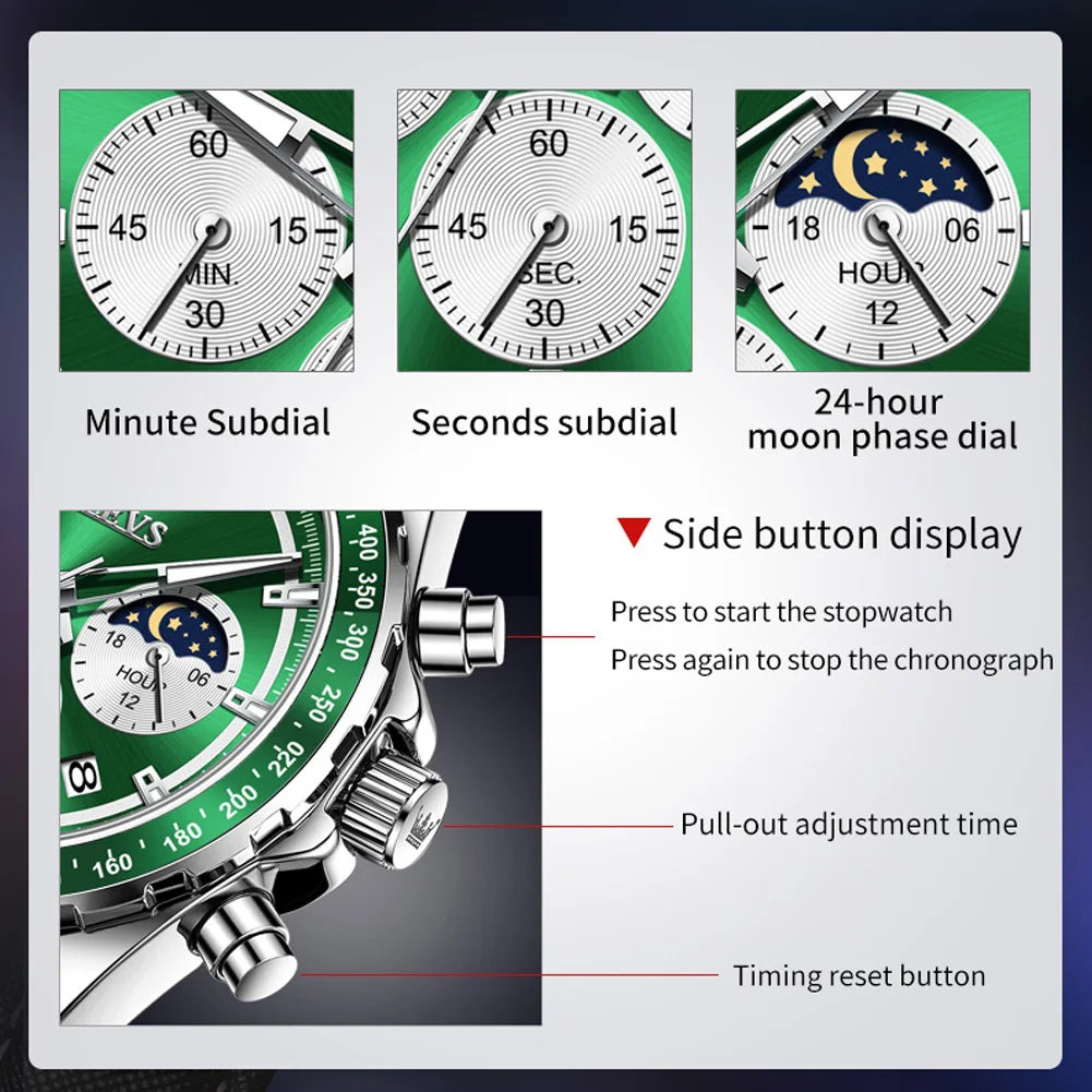 OLEVS Men's Watches Fashion Sports Green Watch For Men Multifunctional Quartz Wristwatches Men Waterproof Leather reloj hombre