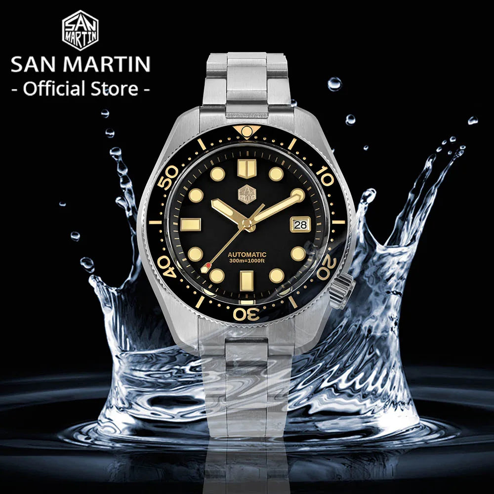 San Martin 44mm Men's Diver Watch Vintage MM300 Gilt Dial Sport NH35 Automatic Mechanical Sapphire Waterproof 300M C3 Lume SN0087
