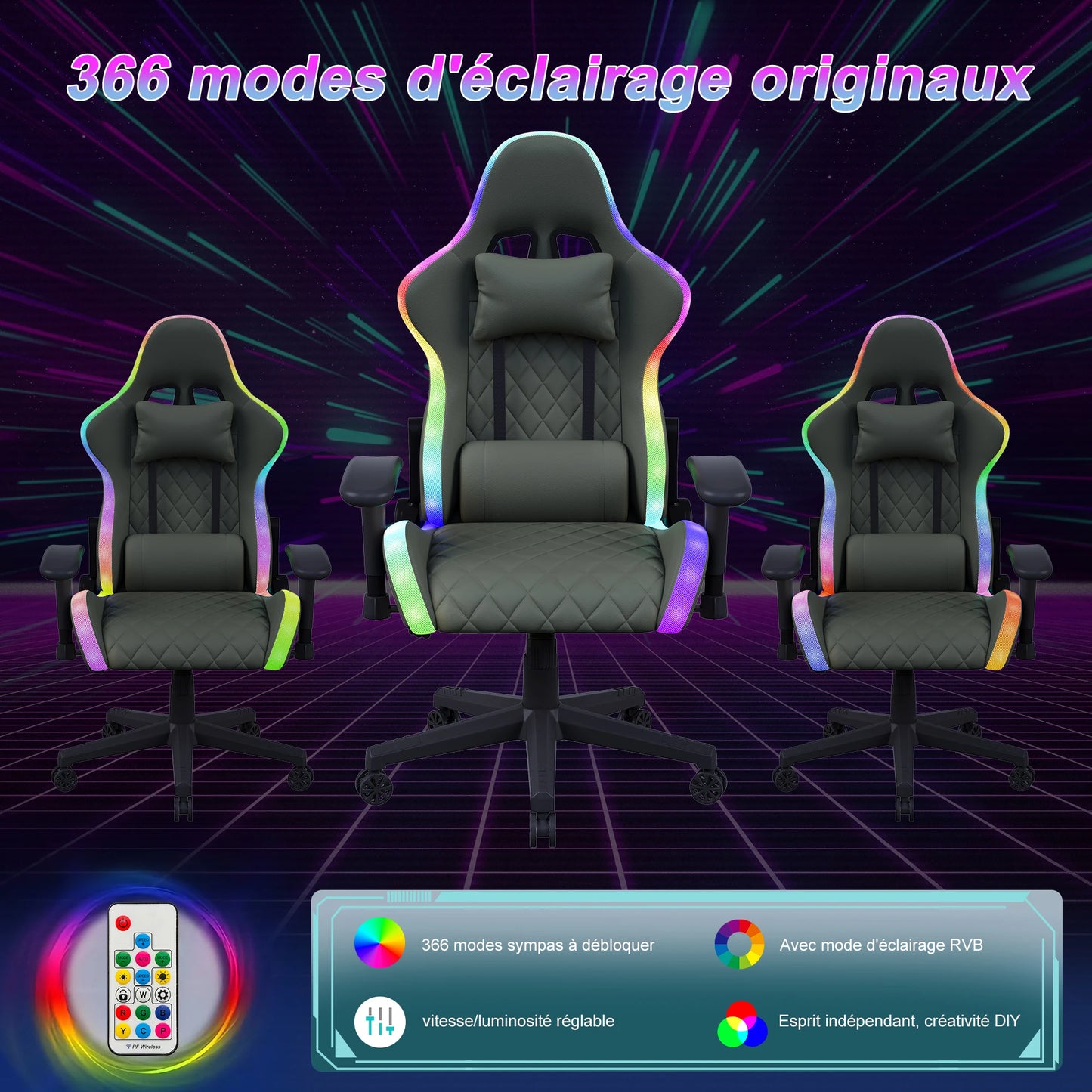 Gaming Chair with Massage Function, LED RGB Lights, Adjustable Reclining Gaming Chair with Lumbar Support, Headrest Pillow, Ergonomic Computer Chair 150KG Capacity