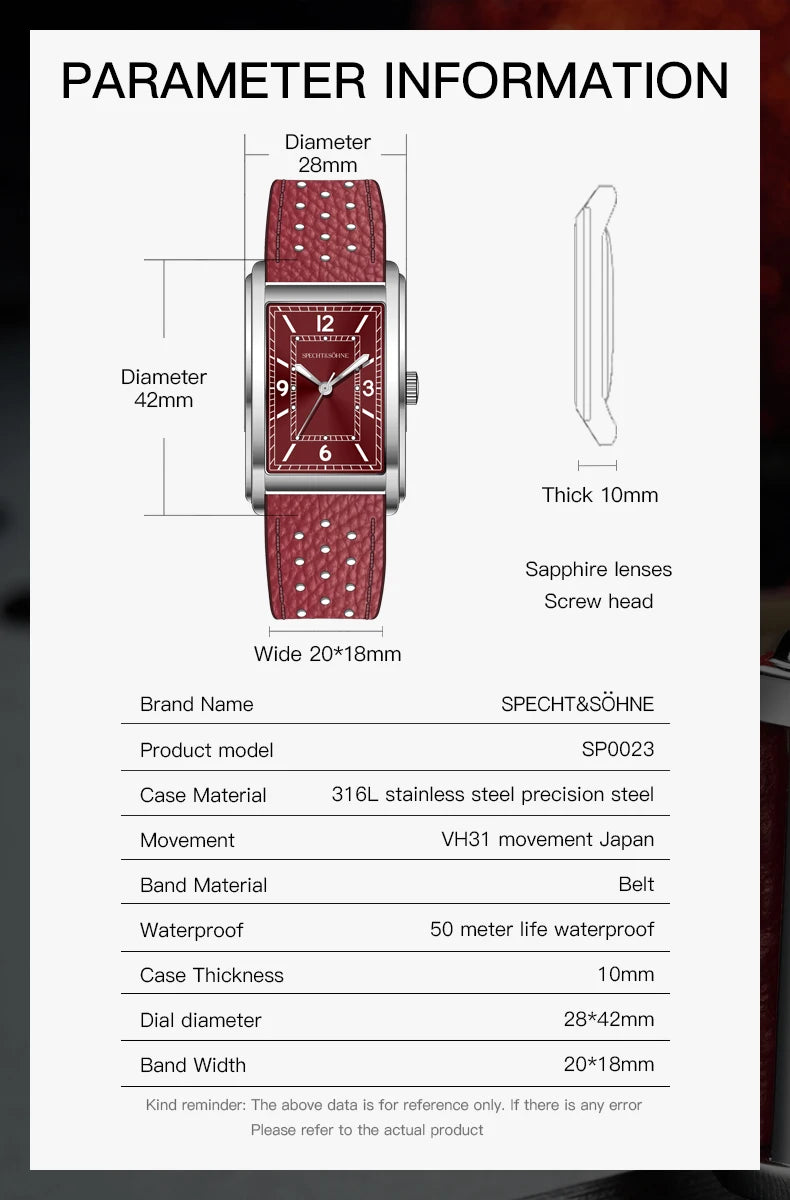 2025 New High Quality 27MM Specht & Söhne Square Men's Watch Sweep VH31 Movement Steel Reloj Hombre Sapphire Crystal Waterproof
