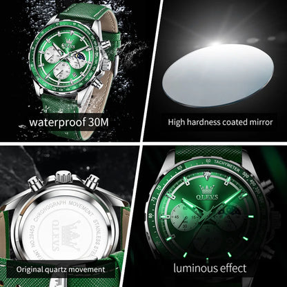 OLEVS Men's Watches Fashion Sports Green Watch For Men Multifunctional Quartz Wristwatches Men Waterproof Leather reloj hombre