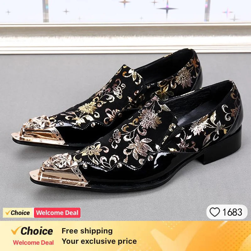 Men's Luxury White Gold Metal Toe Oxford Elegant Loafers Slip-On Dress Shoes Formal Wedding Party PU Leather Shoes Size 38-46