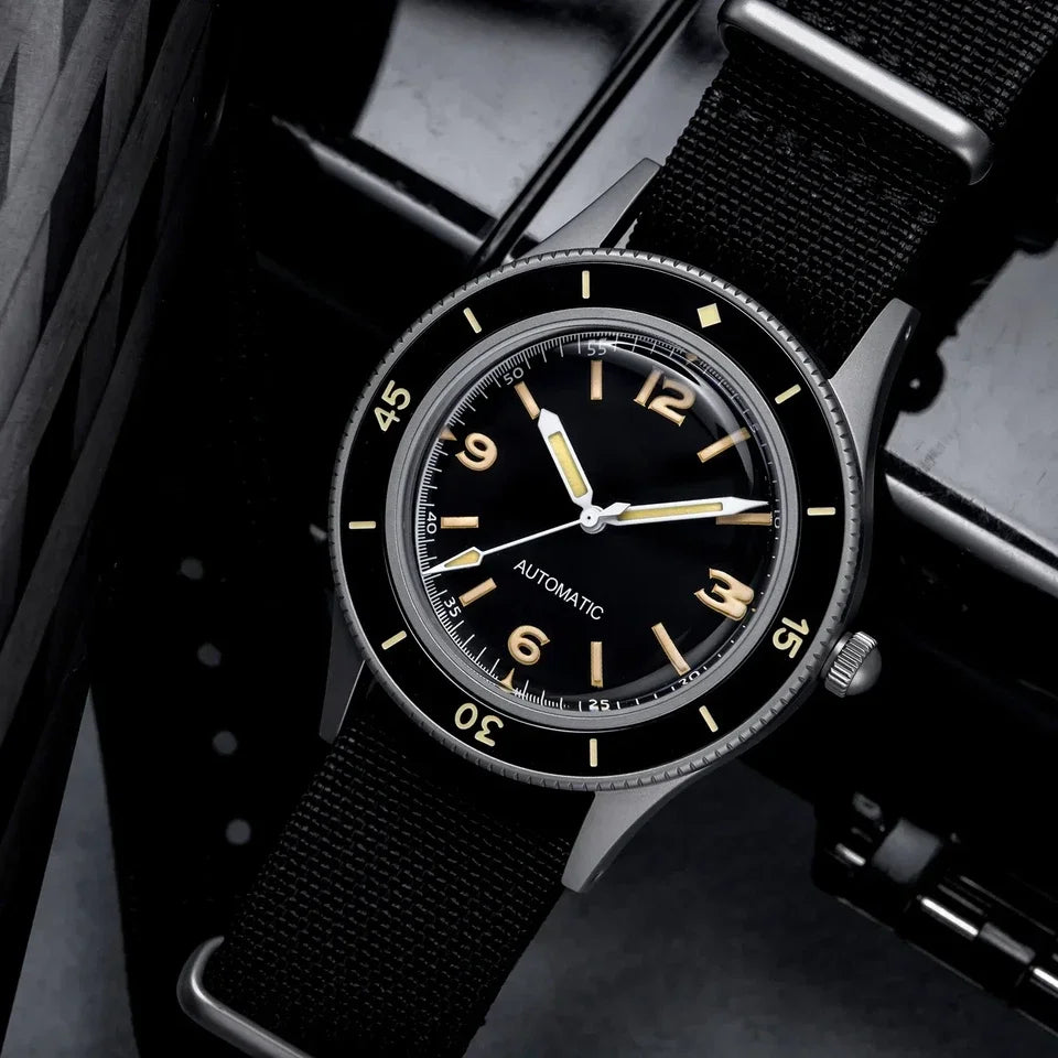50-Fathoms Retro Black 40mm Double Domed Sapphire Automatic Miyota 8215 Movement Men Watch 20ATM Green Luminous Ceramic Bezel
