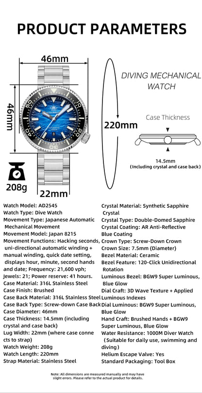 ADDIESDIVE new men's watch sapphire gradient dial BGW9 luminous Japanese 8215 mechanical watch 1000m waterproof watch AD2545