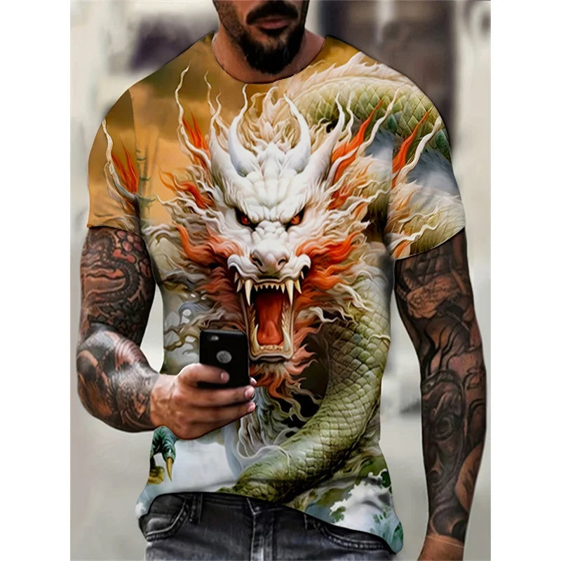 Dragon Phoenix -kuvioinen miesten T-paita, eläinaiheinen 3D-painettu T-paita, kesäinen rento lyhythihainen O-kaulainen oversize-katupaita
